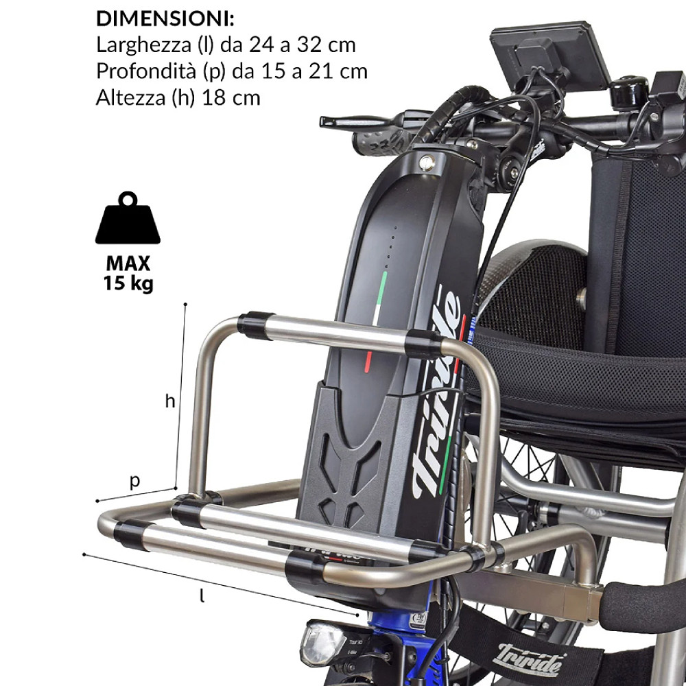 Triride Front Rack Adjustable Up to 15kg Triride Front Rack Adjustable carrying shopping bag on wheelchair